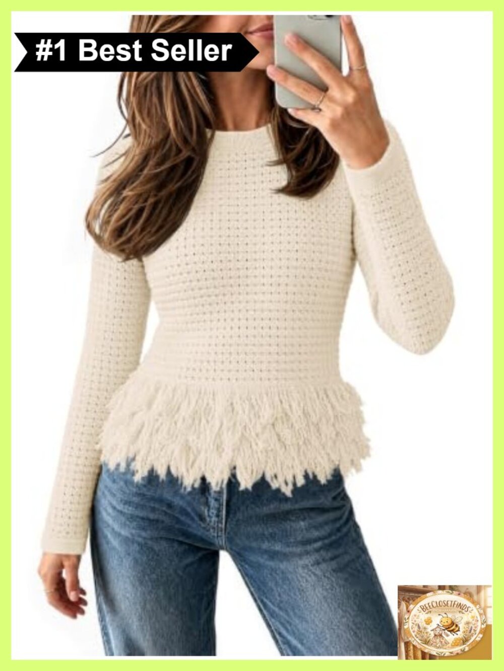 Crochet Fringe Knit Boho Pullover Sweater Crew Neck Long Sleeve